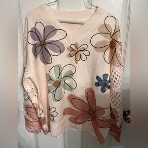 Women's Cream V-Neck Floral Sweater with Open Crochet Sleeves, large